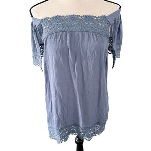 Entro Off The Shoulder Blue Crotchet Lace Bohemian Flowy Top Size Medium